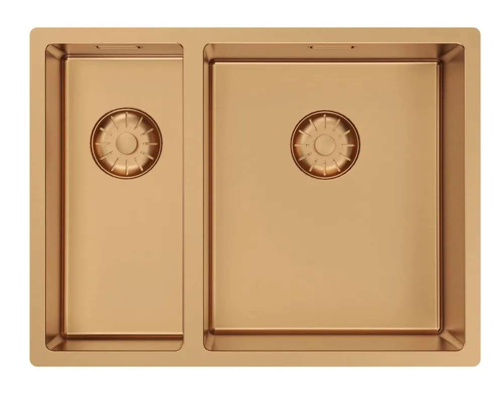 Pure.Sink Comfort 1,5 (en och en halv) PVD-rosafärgad kopparhandfat, 18+34 cm stor, högerkorg, PCM183440-62 Expressleverans