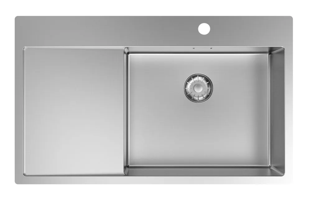 I lager Pure.Sink Comfort Diskho i rostfritt stål med avrinningsdel, 86x52 cm, kranarm till höger, PCM5086RT-02
