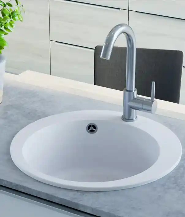Begränsat antal AquaGranite Lago Vit rund granitho ovanpåliggande 505mm med rostfri plugg och 1 kranhål 1208970689