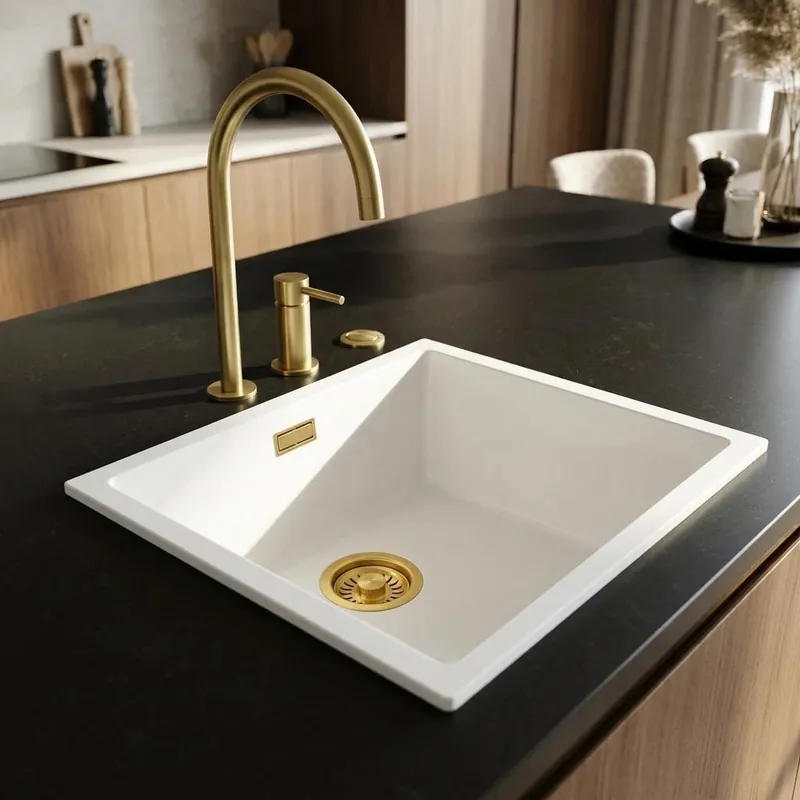 Begränsat erbjudande Pure.Sink Eternal Quartz vit diskho 40x40 cm, för infälld montering och undermontering, med automatisk guldplugg