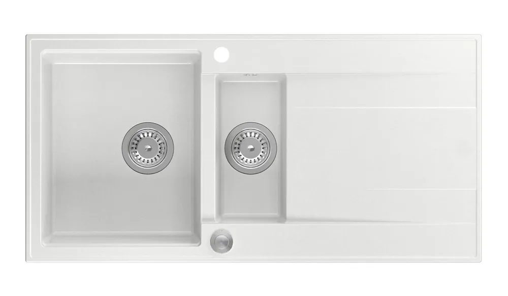 Quadri Luton vit granitho med en och en halv ho och avrinningsyta, omvändbar, 100x50 cm med rostfri plugg 1208957330 Begränsat antal