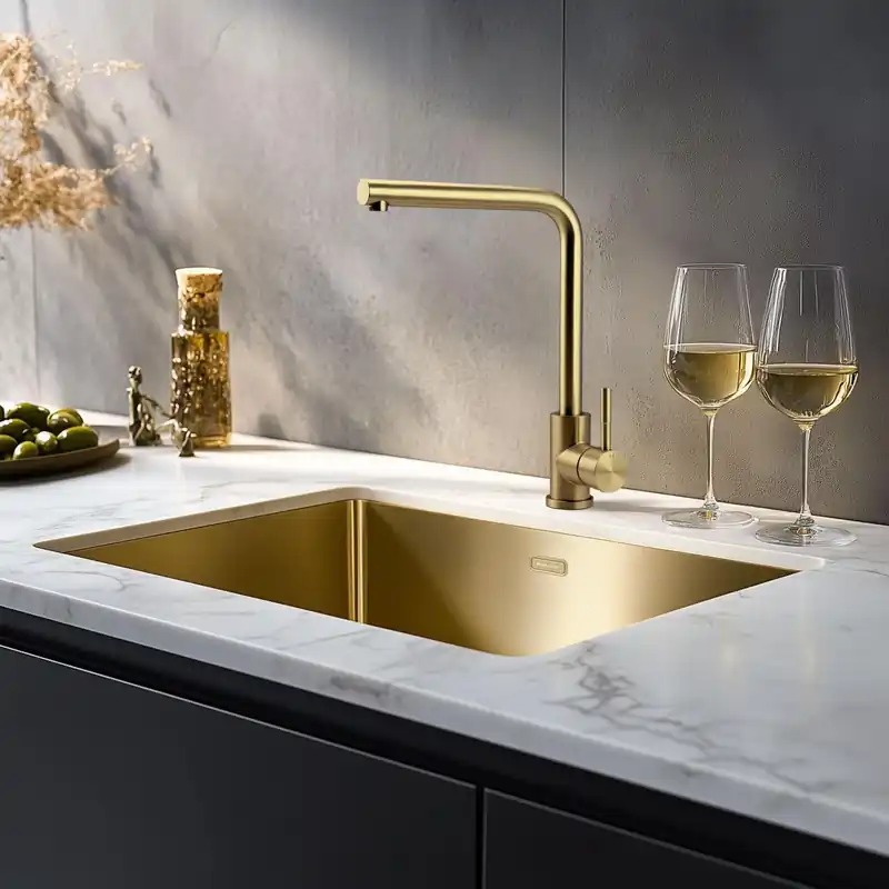 Lågt pris Pure.Sink Prestige Kombinationsset Guld diskbänk 50x40 cm med Guld Kökskran 1208970764