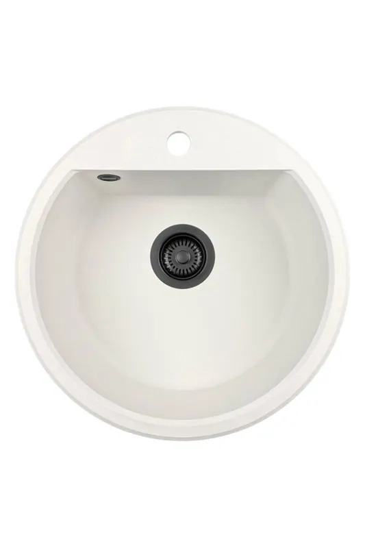 GraniteMy Bremen rund granit diskbänk 43 cm vit, toppmonterad och undermonterad, med kranhålsbänk och automatisk svart plugg 1208971846 Nedsatt pris