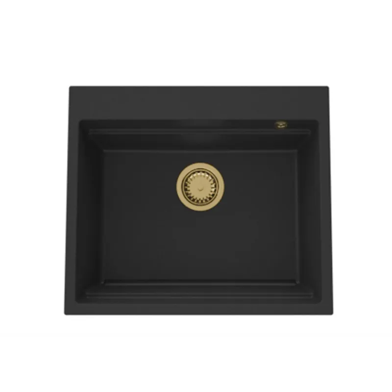GraniteMy Steam granitho diskbänk 56x48 cm svart toppmonterad med gyllene plugg inklusive tillbehör 1208967235 Snabb frakt