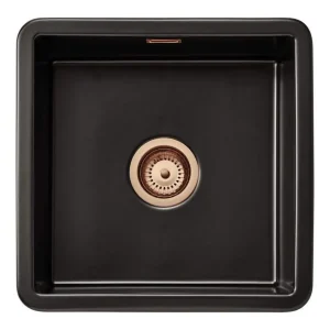 Ausmann Ceramic Ember Keramisk Matt Svart Fyrkantig Diskbänk för Uppbyggnad och Underbyggnad 40 x 40 cm med Kopparplugg 1208971487 Rabatter