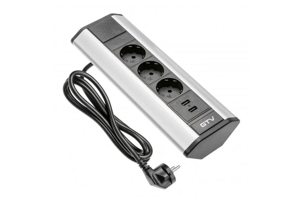 Köp online Hörnförlängningssladd 3xSHUKO, 2xUSB-A 2,1 A, aluminium