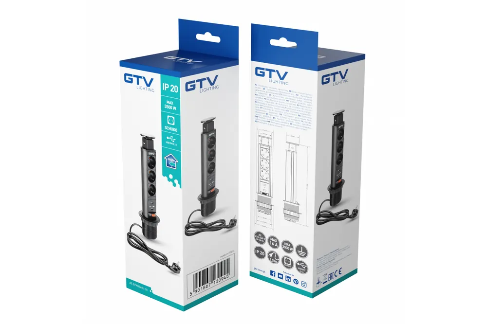 Möbeluttag, Ø60 mm, 3xSHUKO, 2xUSB-A 2,1 A, kabel 1,8 m, svart Handla nu