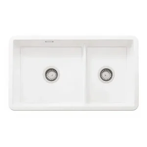 Ausmann Ceramic Ember Keramisk Vit Anderhalv Diskbänk För Uppbyggnad och Underbyggnad 733 x 401 mm med Rostfria pluggar 1208970737 Beställ idag