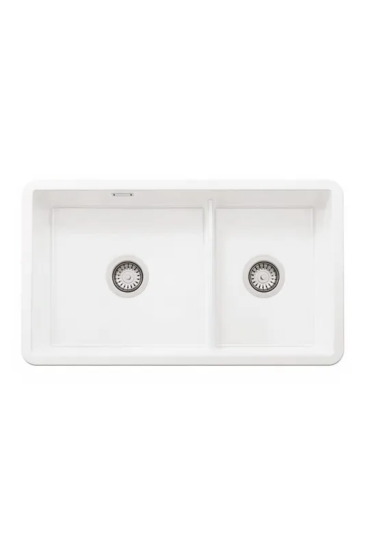 Ausmann Ceramic Ember Keramisk Vit Anderhalv Diskbänk För Uppbyggnad och Underbyggnad 733 x 401 mm med Rostfria pluggar 1208970737 Beställ idag