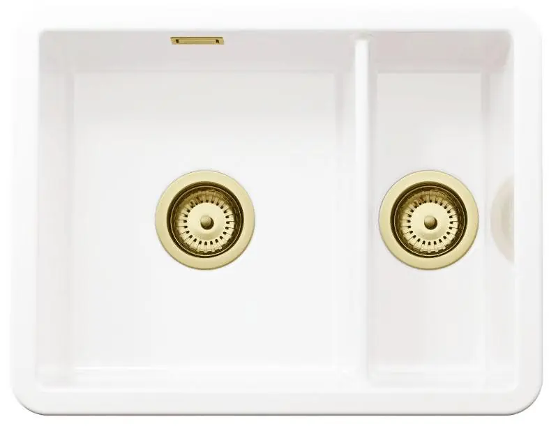 Köp online Ausmann Ceramic Ember Keramisk Vit En och en halv Diskbänk Överbyggnad och Underbyggnad 495 x 370 mm med Guldproppar 1208971511