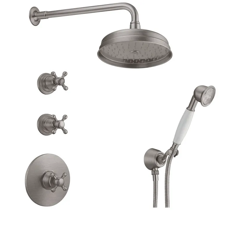 PB nostalgisk inbyggd duschset med termostatblandare och 2 avstängningskranar - handdusch - regndusch 200mm - rostfritt stål Lågt pris
