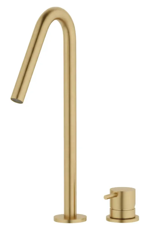 Waterrevolution Flow 2-håls tvättställsblandare borstad mässing med hög V 120mm pip T1122VLE Begränsat antal