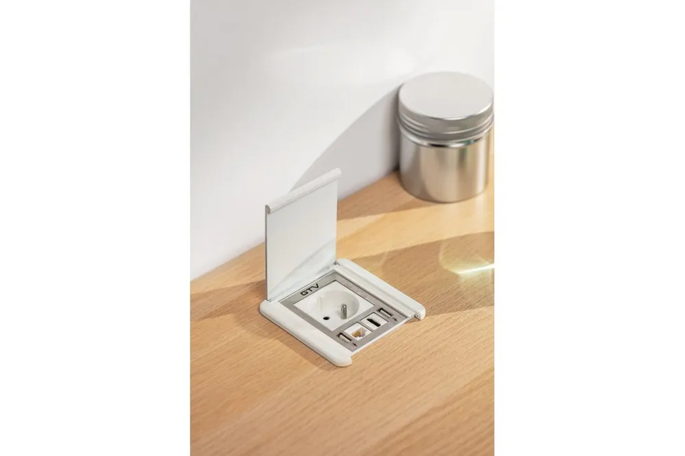 Möbeluttag med flip-lock, 1 franskt uttag, 2 USB-A-uttag och RJ45-uttag, kabel 1,5 m, vit Snabb leverans