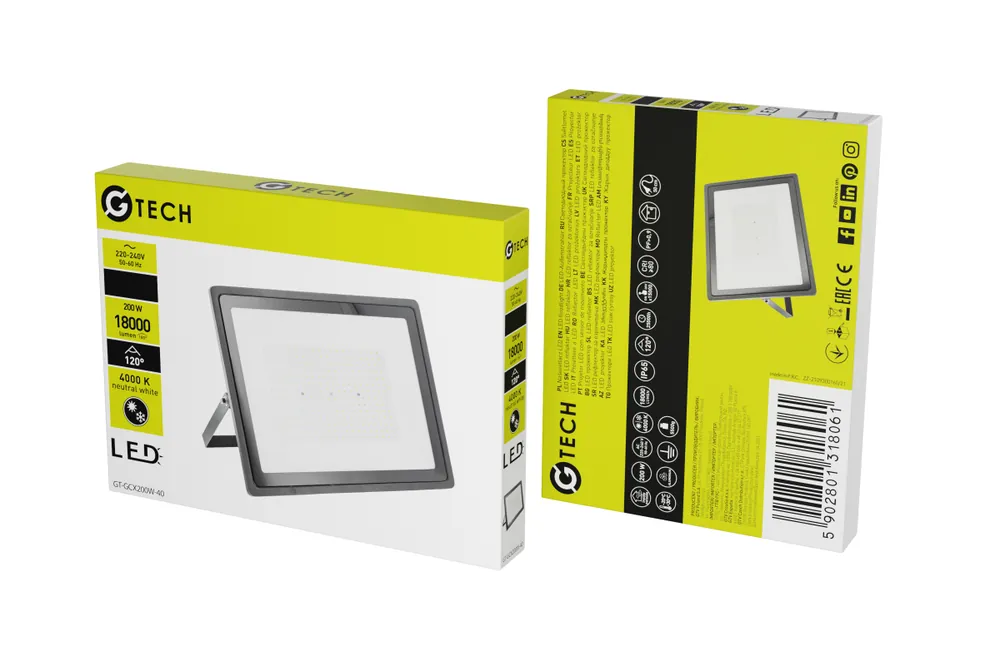 Rabatter G-TECH LED-strålkastare, 200 W, 18 000 lm, 4 000 K, AC 220–240 V, IP65, 120°, svart