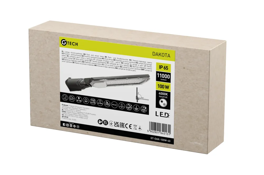 Begränsad tid G-TECH gatubelysning DAKOTA, LED, 100 W, 11 000 lm, 4 000 K, AC 220–240 V, IP65, grå