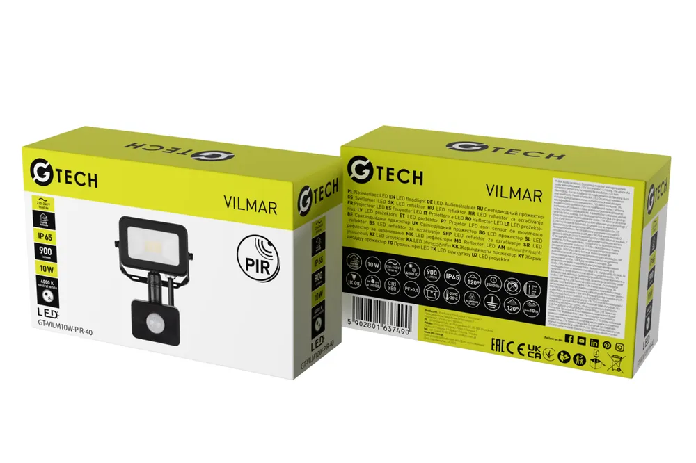 I lager G-TECH Strålkastare med rörelsesensor VILMAR, LED, 10 W, 900 lm, 4000 K, AC 220–240 V, svart - Uppsättning av 2