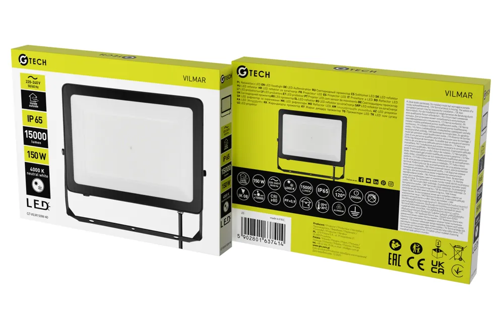 Snabb leverans G-TECH strålkastare VILMAR, LED, 150 W, 15 000 lm, 4 000 K, AC 220–240 V, IP65, svart