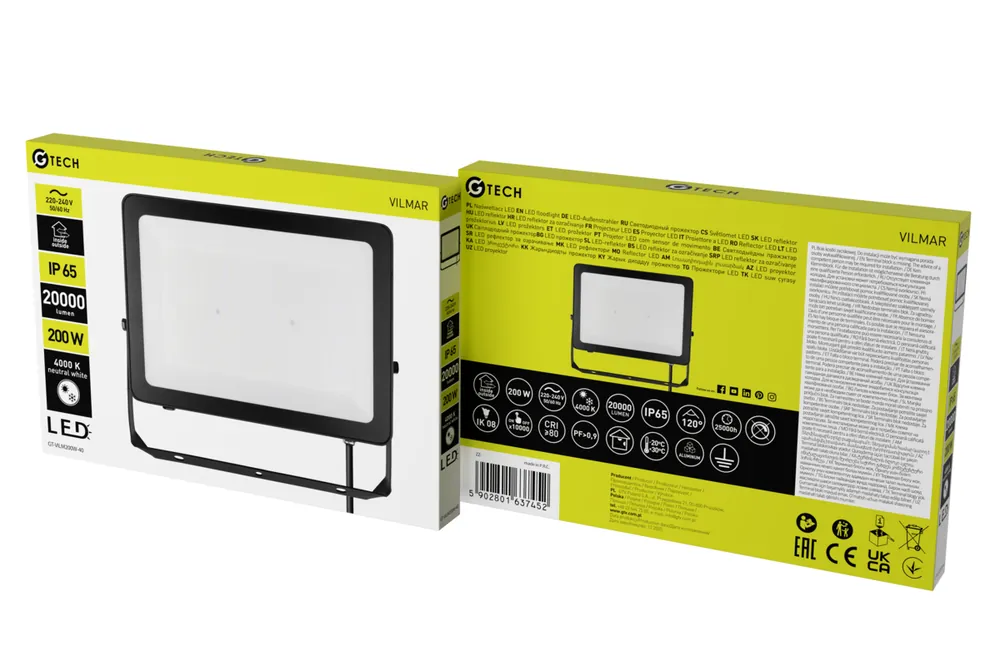 Erbjudandepris G-TECH strålkastare VILMAR, LED, 200 W, 20 000 lm, 4 000 K, AC 220–240 V, IP65, svart