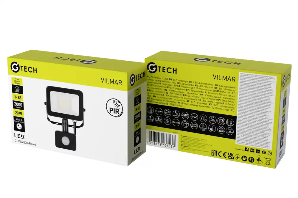 G-TECH Strålkastare med rörelsesensor VILMAR, LED, 20 W, 1800 lm, 4000 K, AC 220–240 V, svart - Uppsättning av 2 Erbjudandepris