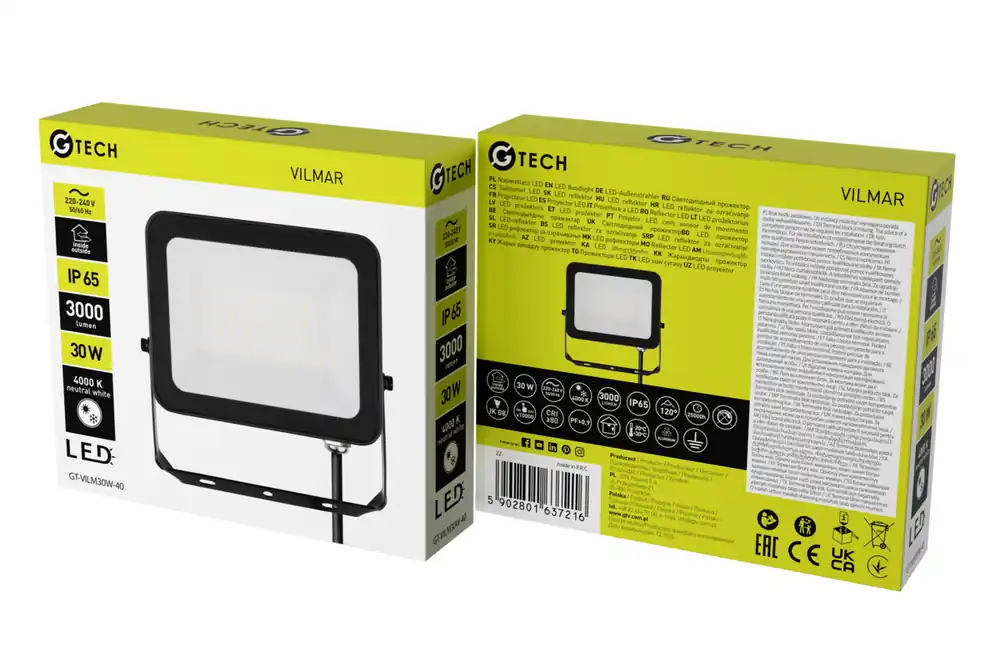 G-TECH strålkastare VILMAR, LED, 30 W, 3000 lm, 4000 K, AC 220–240 V, IP65, svart - Uppsättning av 2 Erbjudande