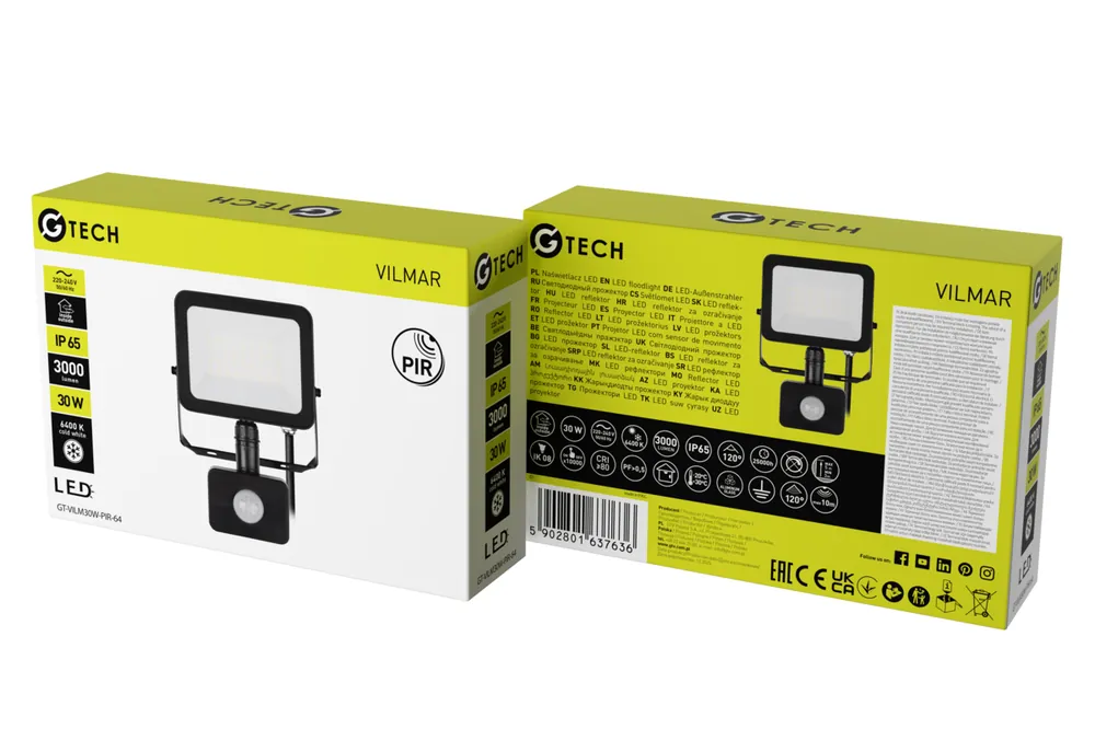Lågt pris G-TECH strålkastare med rörelsedetektor VILMAR, LED, 30 W, 3000 lm, 6400 K, AC 220–240 V, svart