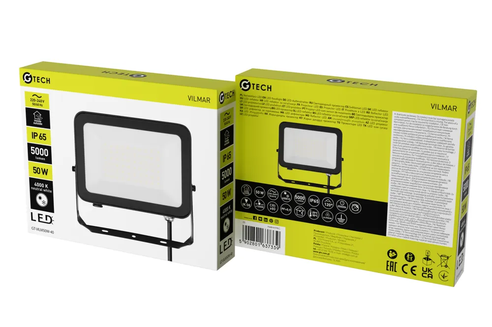 G-TECH strålkastare VILMAR, LED, 50 W, 5000 lm, 4000 K, AC 220–240 V, IP65, svart - Uppsättning av 2 Erbjudandepris